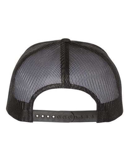 Yupoong 6006 flat brim trucker hat in Multicam Black/ Black, back view.