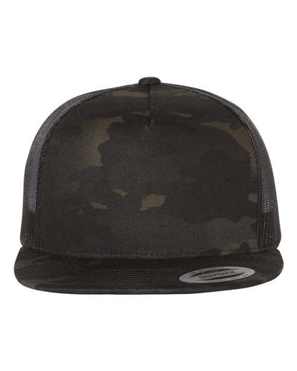 Yupoong 6006 flat brim trucker hat in Multicam Black/ Black, front view.