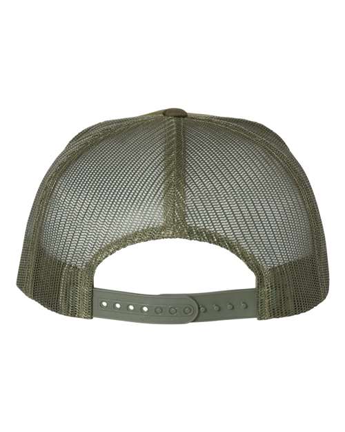 Yupoong 6006 flat brim trucker hat in Multicam Tropic/ Green, back view.