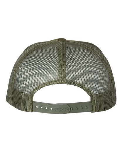 Yupoong 6006 flat brim trucker hat in Multicam Tropic/ Green, back view.
