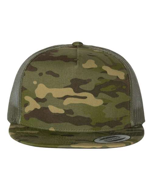 Yupoong 6006 flat brim trucker hat in Multicam Tropic/ Green, front view.