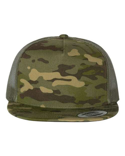 Yupoong 6006 flat brim trucker hat in Multicam Tropic/ Green, front view.