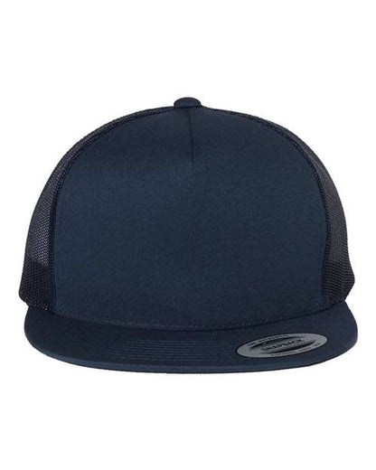 Yupoong 6006 flat brim trucker hat in Navy, front view.