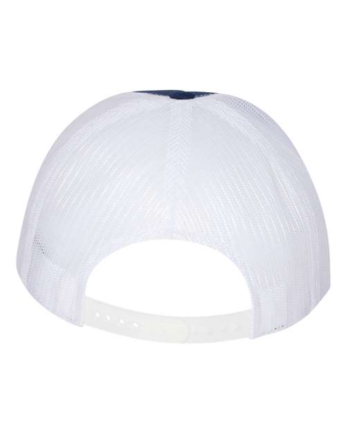 Yupoong 6006 flat brim trucker hat in Navy/ White, back view.