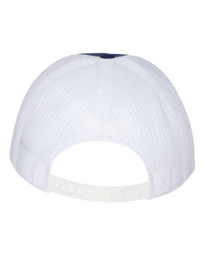 Yupoong 6006 flat brim trucker hat in Navy/ White, back view.