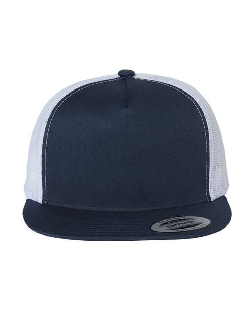 Yupoong 6006 flat brim trucker hat in Navy/ White, front view.