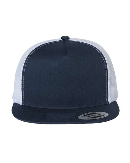 Yupoong 6006 flat brim trucker hat in Navy/ White, front view.