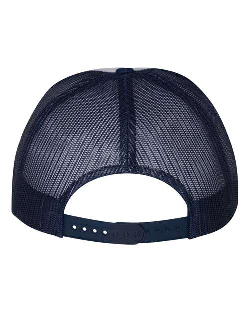 Yupoong 6006 flat brim trucker hat in Navy/ White/ Navy, back view.