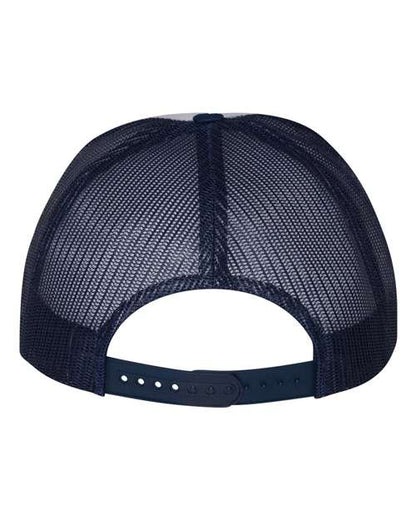 Yupoong 6006 flat brim trucker hat in Navy/ White/ Navy, back view.