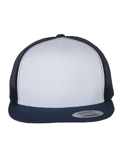 Yupoong 6006 flat brim trucker hat in Navy/ White/ Navy, front view.