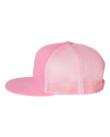 Yupoong 6006 flat brim trucker hat in Pink, angled side view.
