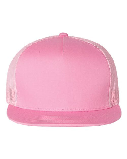 Yupoong 6006 flat brim trucker hat in Pink, front view.