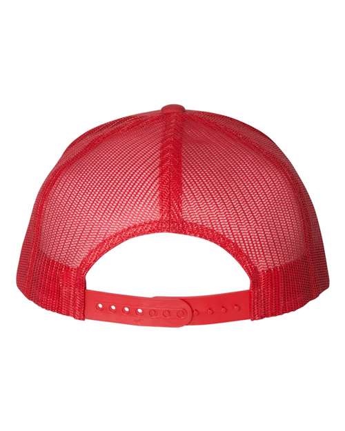 Yupoong 6006 flat brim trucker hat in Red, back view.