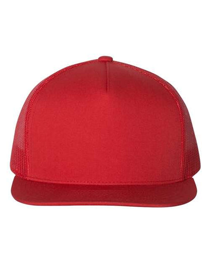 Yupoong 6006 flat brim trucker hat in Red, front view.