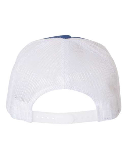 Yupoong 6006 flat brim trucker hat in Royal/ White, back view.