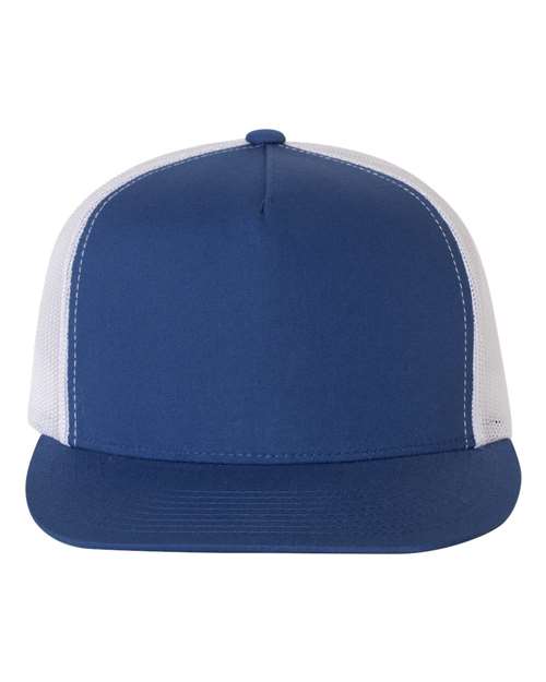 Yupoong 6006 flat brim trucker hat in Royal/ White, front view.