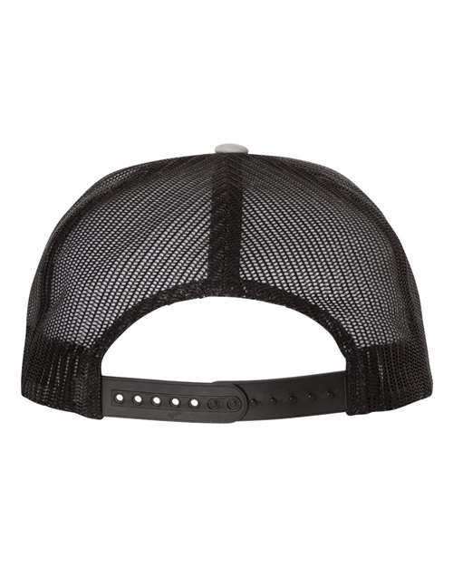 Yupoong 6006 flat brim trucker hat in Silver/ Black, back view.