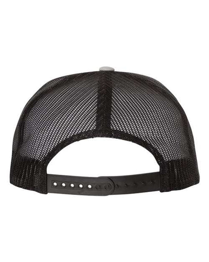 Yupoong 6006 flat brim trucker hat in Silver/ Black, back view.