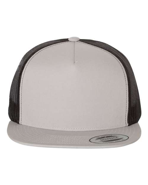 Yupoong 6006 flat brim trucker hat in Silver/ Black, front view.