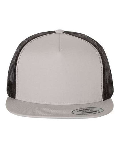Yupoong 6006 flat brim trucker hat in Silver/ Black, front view.