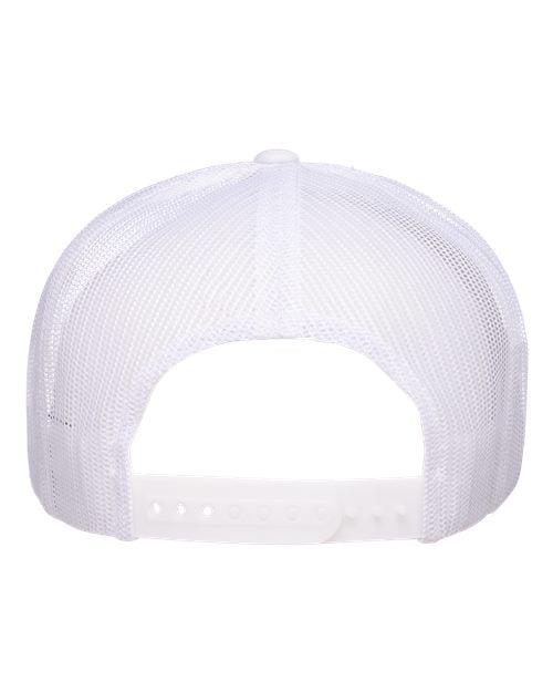 Yupoong 6006 flat brim trucker hat in White, back view.