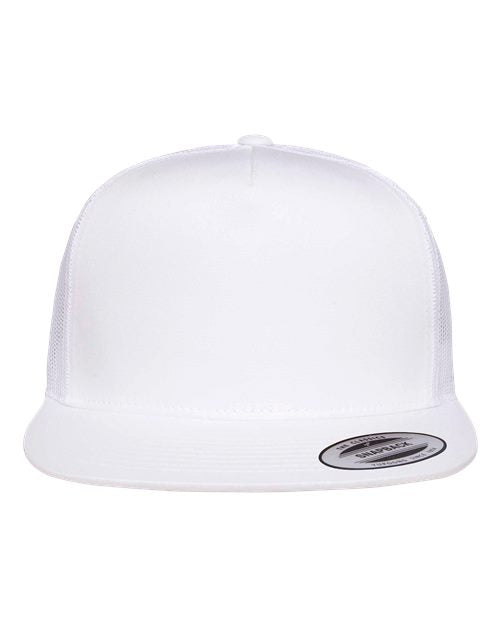 Yupoong 6006 flat brim trucker hat in White, front view.