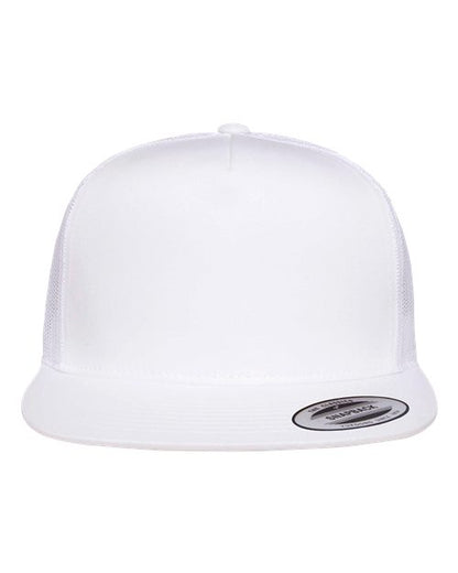 Yupoong 6006 flat brim trucker hat in White, front view.