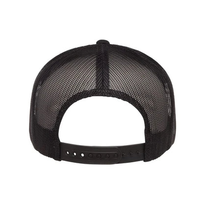 Rear view of black Yupoong 6006 trucker hat showing mesh back and adjustable snap closure