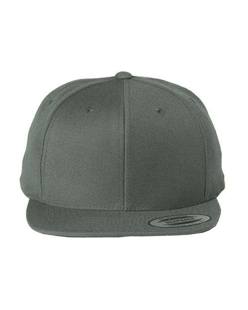 Yupoong 6089M flat bill snapback hat in Dark Grey, front view.