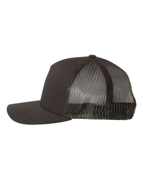 Yupoong 6506 trucker hat in Black, angled side view.