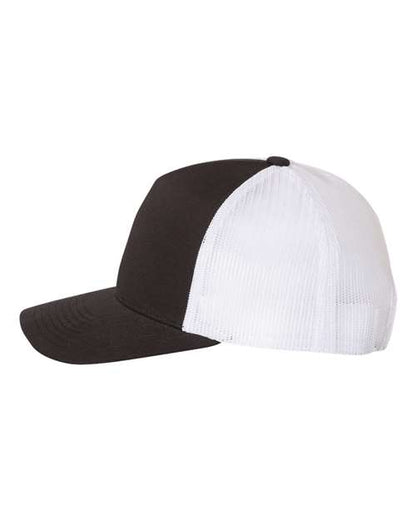 Yupoong 6506 trucker hat in Black/ White, angled side view.