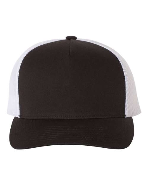 Yupoong 6506 trucker hat in Black/ White, front view.