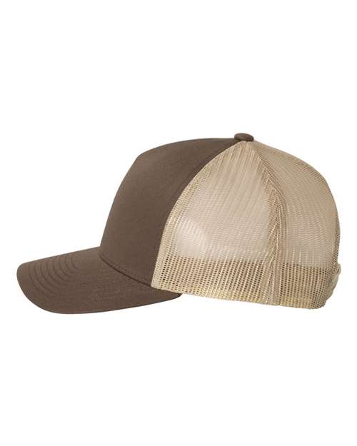 Yupoong 6506 trucker hat in Brown/ Khaki, angled side view.