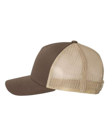 Yupoong 6506 trucker hat in Brown/ Khaki, angled side view.