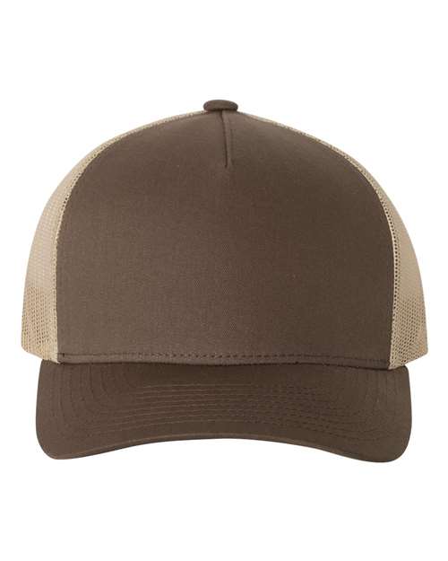 Yupoong 6506 trucker hat in Brown/ Khaki, front view.