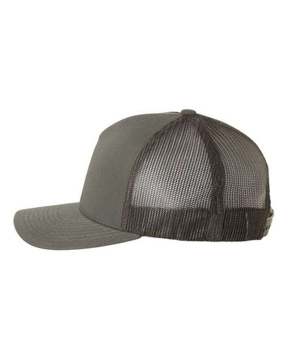 Yupoong 6506 trucker hat in Charcoal, angled side view.