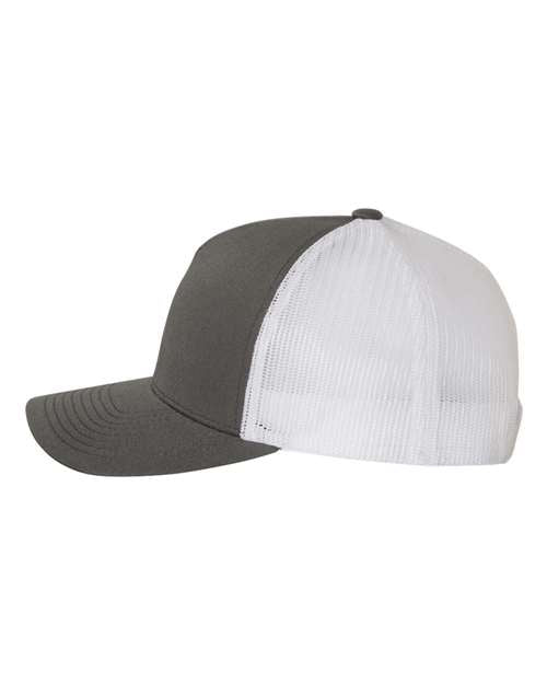 Yupoong 6506 trucker hat in Charcoal/ White, angled side view.