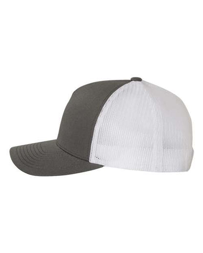 Yupoong 6506 trucker hat in Charcoal/ White, angled side view.
