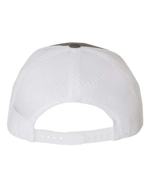 Yupoong 6506 trucker hat in Charcoal/ White, back view.