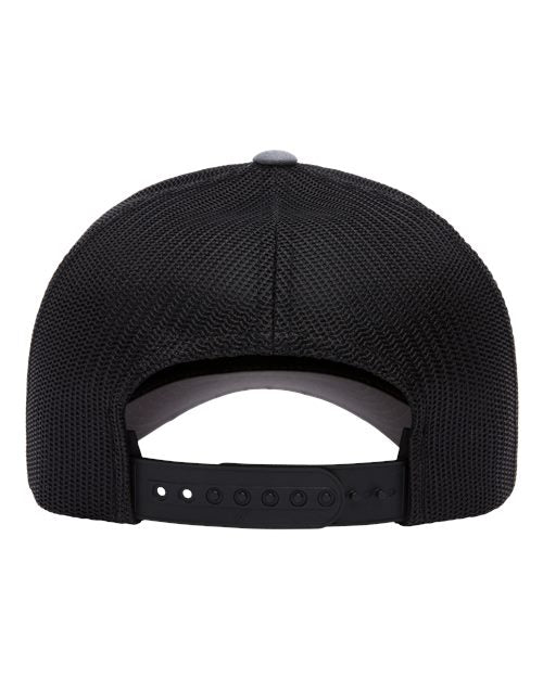 Yupoong 6506 trucker hat in Heather/ Black, back view.