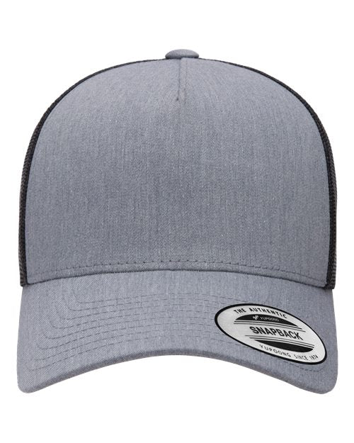 Yupoong 6506 trucker hat in Heather/ Black, front view.