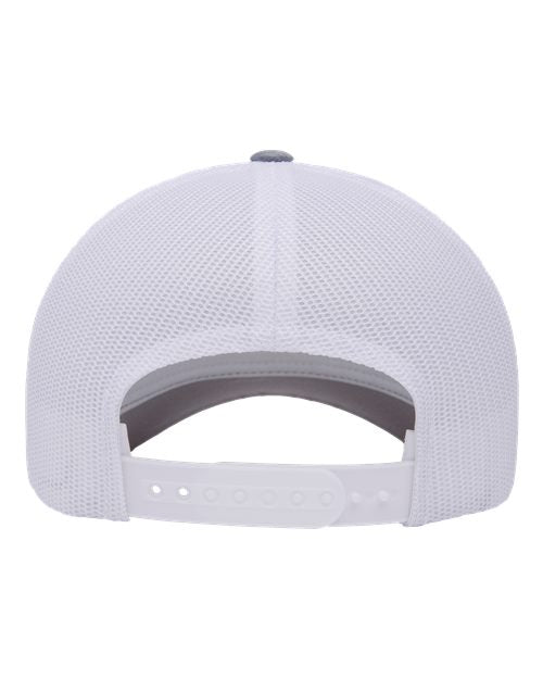 Yupoong 6506 trucker hat in Heather/ White, back view.