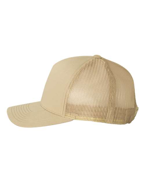 Yupoong 6506 trucker hat in Khaki, angled side view.