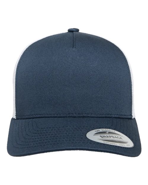 Yupoong 6506 trucker hat in Navy/ White, front view.