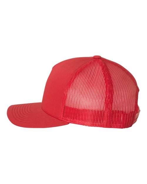 Yupoong 6506 trucker hat in Red, angled side view.