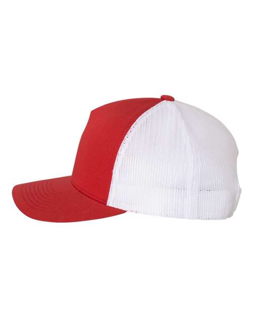 Yupoong 6506 trucker hat in Red/ White, angled side view.