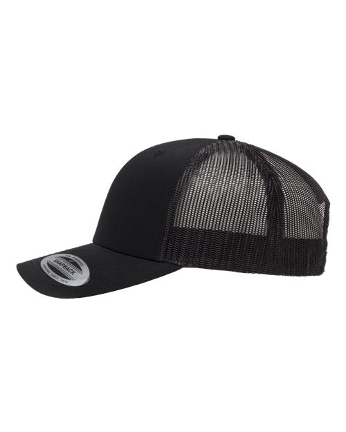 Yupoong 6606 snapback trucker hat in Black, angled side view.