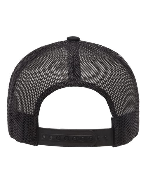 Yupoong 6606 snapback trucker hat in Black, back view.