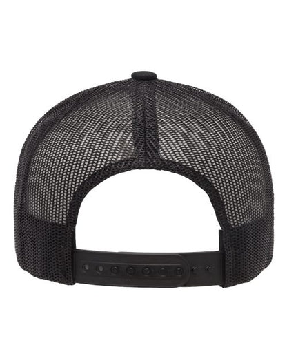 Yupoong 6606 snapback trucker hat in Black, back view.