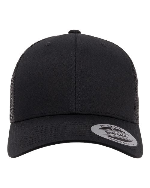 Yupoong 6606 snapback trucker hat in Black, front view.